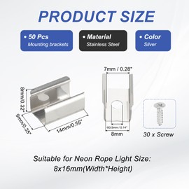 PATIKIL Neon Rope Light Mounting Bracket, 50pcs Stainless Steel LED Strip Holder Fixing Clip Clamp with Screws for 8x16mm LED Strip Lighting Cable