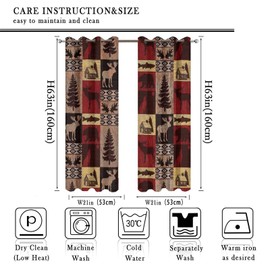 INSFBRB Rustic Cabin Curtains for Bedroom - Vintage Farmhouse Hunting Theme Moose Bear Elk Tree Plaid Window Drapes,Energy Saving Blackout Grommet Curtains 2 Panels 63L x 21W