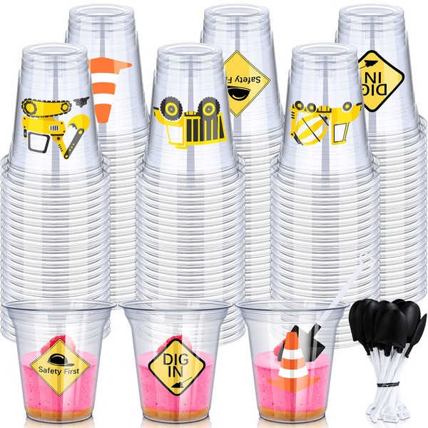 WILLBOND 120 Pcs Construction Party Cups Construction Party Favors Disposable Dump Truck Cup Clear Plastic Cups with Shovel Shape Dessert Spoon for Construction Themed Birthday Party (Vivid, 14oz)