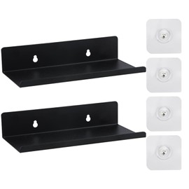 YILANJIN 2 x Wall Shelves, Black Metal, Wall Shelf, 10 x 20 x 4 cm, No Drilling Wall Shelf, Metal Shelf, Wall Kitchen Shelf, Spice Rack Shelf, Home Decoration, Wall Shelf for Kitchen, Bathroom, Office