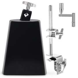 Seteol 6" Cowbell and Cowbell Clamp, Cowbell for Drum Set, Cowbell Holder Percussion Accessory, Adjustable Drum Cowbell Mount for Bass Drum Hoop Up or Down, Cow Bell Musical Instrument with Drum Key