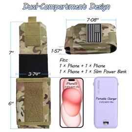 Molle Phone Pouch, Dual-Compartment Tactical Phone Pouch with Us Flag Patch, Universal Dual Molle Cell Phone Holder Utility EDC Pouch for Backpacks, Duty Belt & Vest(Fits 4-6.9" Phones)