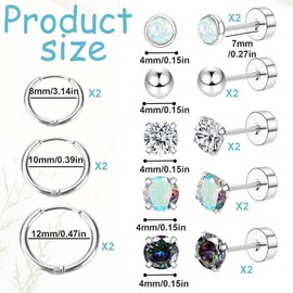 Xinixinly 8 Pairs Stainless Steel Surgical Steel Earrings for Sensitive Ears Hypoallergenic 20G Flat Back Stainless Steel Surgical Steel Stud Small Hoop Earrings for Women Men Opal Ball CZ Surgical Steel Flat Back Earrings Cartilage Earrings