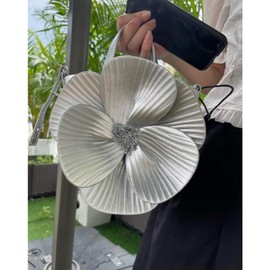 Mini Flower Evening Purse Floral Clutch Purses for Women PU Leather Evening Handbag with Chain Wedding Party Prom, Silver