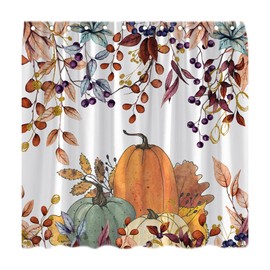 WZFashion Fall Shower Curtain Autumn Pumpkin Maple Leaves Thanksgiving Day Harvest Watercolor Hanging Eucalyptus Leaves Botanical Floral Rustic Farm Fabric Bath Curtain with Hook