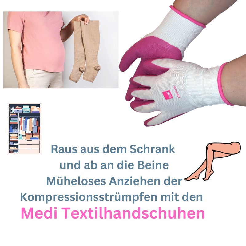 Medi textile gloves for easy putting on compression socks, including