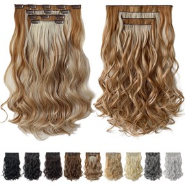 HJPJHTM Wave Hair Extensions 18" Golden Brown & Blonde Hair Extension Thick Long Soft Wavy 4PCS Set Clip Hair Extensions for Women Girls Full Head