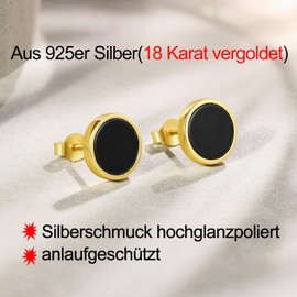Stud Earrings Black Agate 18CT Gold Plated Studs Sterling Silver Earrings Hypoallergenic Black Onyx Stone Round Circle Earring Studs Jewellery 6-12mm for Women Men Couple Anniversary Birthday