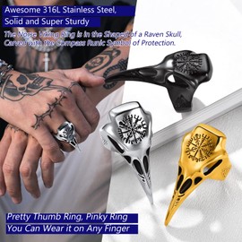 Stainless Steel Crow Skull Ring Mens Gothic Jewelry Cool Black Long Finger Rings Size 12
