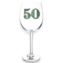 THE QUEENS' JEWELS 50th Birthday Jeweled Stemmed Wine Glass, 21 oz. - Unique Gift for Women, Birthday, Cute, Fun, Not Painted, Decorated, Bling, Bedazzled, Rhinestone