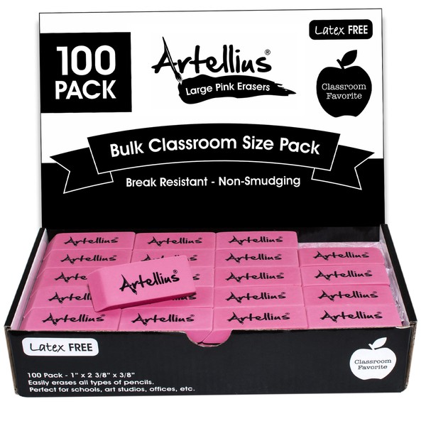 Pink Erasers Pack of 100 - Large Size, Latex &