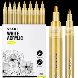 SFAIH Acrylic Gold Paint Pens - 8 Pack 2-3MM Medium Tip & 0.7MM Extra Fine White Paint Marker for Rock Painting, Wood, Metal, Fabric, Plastic, Canvas, Glass, Ceramic, Diy Crafts