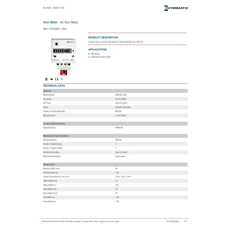 GRASSLIN Hour Meter 120 volt AC DIN Rail Mount INTERMATIC