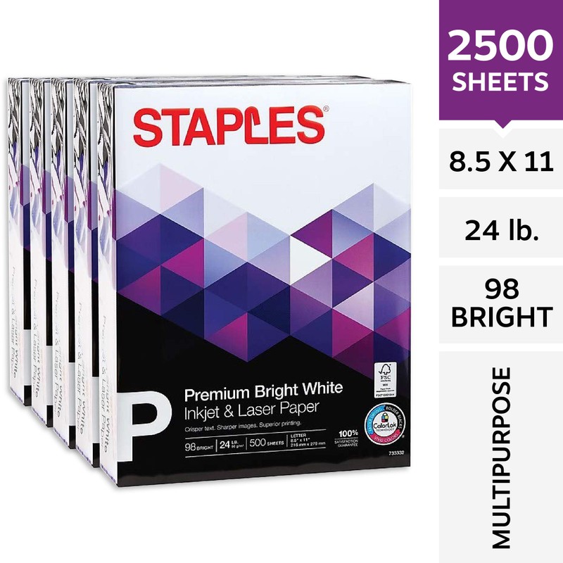 Staples Inkjet Paper, 8 1/2" x 11", Bright White, Half