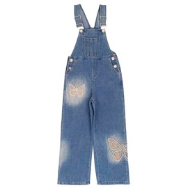Peacolate 5-14years Little Big Girls Butterfly Embroidery Blue Denim Overalls(6-7Years)