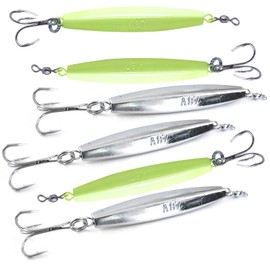 Qty 6 Fish WOW! 8oz Chrome Diamond jigs + 8oz Glow Metal jigs with a Treble Hook