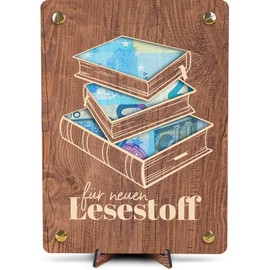 Buch Gutschein - XL Geldgeschenk aus Holz inkl. Ständer | Bücher - Geburtstagskarte für Buchliebhaber, Buchgutschein, Grußkarte Bücherwurm, Grußkarte Buch