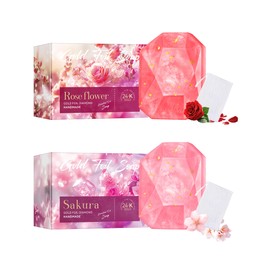 Essential Oil Soap Bars Kit-2Pcs Rose Soap & Sakura Soap,Hand Made Scented Face Body Bath Cleansing Soap Bars with Bubble Foam Net,Women’s Day Skin Care Products Gift Set for Women Girl Men