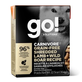 Go! Solutions Carnivore Grain-Free Shredded Lamb + Wild Boar, Our Highest-Protein Wet Dog Food Made with Natural, Real Meat Ingredients, Suitable for Puppies, Adults, & Seniors, 12.5 oz