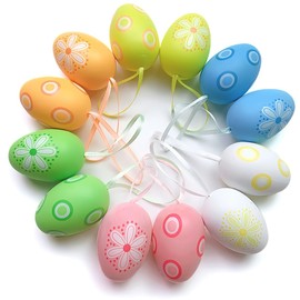 KUMSODE Easter Eggs for Hanging, Pack of 12 Colourful Easter Eggs Plastic with String Reusable Easter Decoration Hanging Decoration for Easter Gift Easter Hunt Easter Tree Decoration Home Garden Party