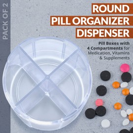 Round Pill Dispenser - 2 Pack - 4 Compartment Pill Boxes for Medication, Vitamins & Supplement Bottles, Daily Pill Box, Reminder Box (Black and Transparent)