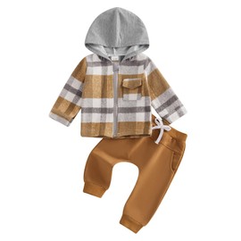 Toddler Baby Boy Fall Winter Outfits Plaid Print Long Sleeve Zipper Hoodies Sweatshirt and Drawstring Jogger Pants 2 Piece Set (Brown, 18-24 Months)