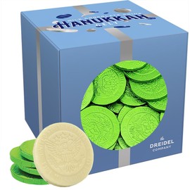 White Milk Chocolate Coins, Green Foil Design Hanukkah Gelt, Dairy Milk Chocolate, Kosher Cholov Yisroel, Made in Israel (1 Pound Box)