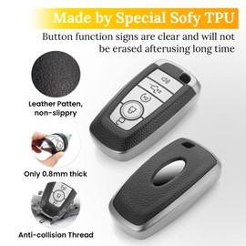 CTRINEWS for Ford Key Fob Cover with Carbon Fiber Style Belt Keychain, Upgraded Soft TPU Surface Grain Case for Fusion F150-F550 Edge Expedition Escape Explorer Bronco Maverick (5 Button) (Silver, B1)