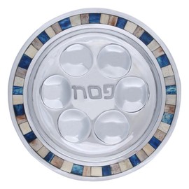 Stainless Steel Round Seder Plate in Blue Square Design