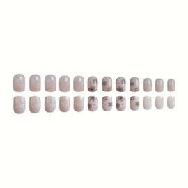 Resweky Nails False Christmas Pack of 24 Nude Pink Squin French Square False Nails Candy Snowflake Medium Length Full Cover False Nail for Women and Girls