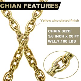 A A IN Transport Binder G80 Tow Chain 3/8" x 20' with G70 Heavy Duty Grab Hooks for Logging, Tie Down, Transport - Flatbed Truck Trailer Safety Binder - 7,100 lbs Safe Working Load