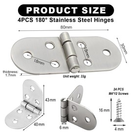 Bangbobi Set of 4 Folding Stainless Steel Hinges for Furniture - 180° Opening, Round Design, Screw-On Hinge for Folding Tables, Cabinets and More
