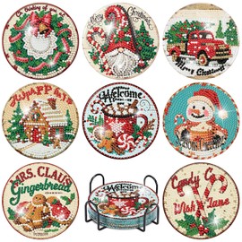 BEAYIOU 8 Pcs Diamond Painting Coasters,Christmas Diamond Painting Kits,Retro Diamond Art Coasters,5D DIY Full Drill Diamond Dots,Diamond Art Kits for Adults Arts and Crafts Supplies