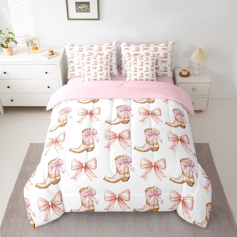 7 Pieces Western Cowgirl Comforter Set Full,Pink Bowknot Cowgirl Boots