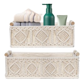 Sporgo Pack of 2 Macrame Storage Baskets: Boho Storage Basket with Wooden Handle, Bathroom Storage Basket, Hand Braided Basket, Macrame Basket Set for Bathroom, Bedroom and Closet