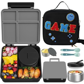 Aimsnk Kids Bento Lunch Box with 8oz Soup Thermo, Kids Leakproof Lunch Food Containers with 4 Compartment,Insulated Hot Food Jar with Lunch Bag for School, Trvael