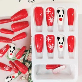 Christmas Press on Nails Medium Coffin Artificial Fake Nails With Snowflake Elk Designs Red Full Cover Glue on Nails Artificial Acrylic Nails Glossy Stick on Nails for Women 24 Pcs