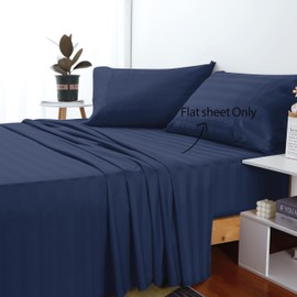 Cotton King Flat Sheet Only, 600 Thread Count 100% Egyptian Cotton Top Sheet 1Pcs, Cool & Breathable Flat Bed Sheets Wrinkle, Fade, Stain Resistant (Navy Blue Stripe King)