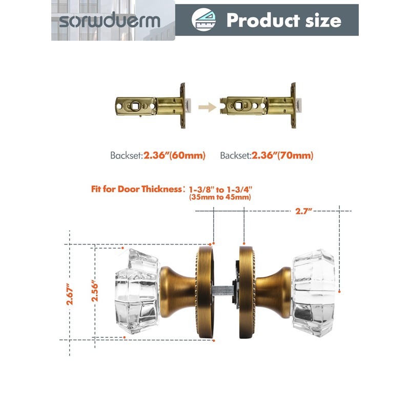 SORWDUERM Antique Brass Door Knobs Crystal Door Knob Passage Door