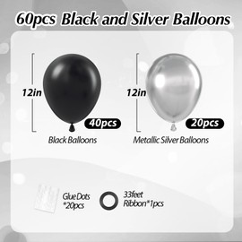 Black and Silver Balloons, 60pcs 12inch Black Metallic Silver Balloons for Graduation 2025 New Year Birthday Party Decorations