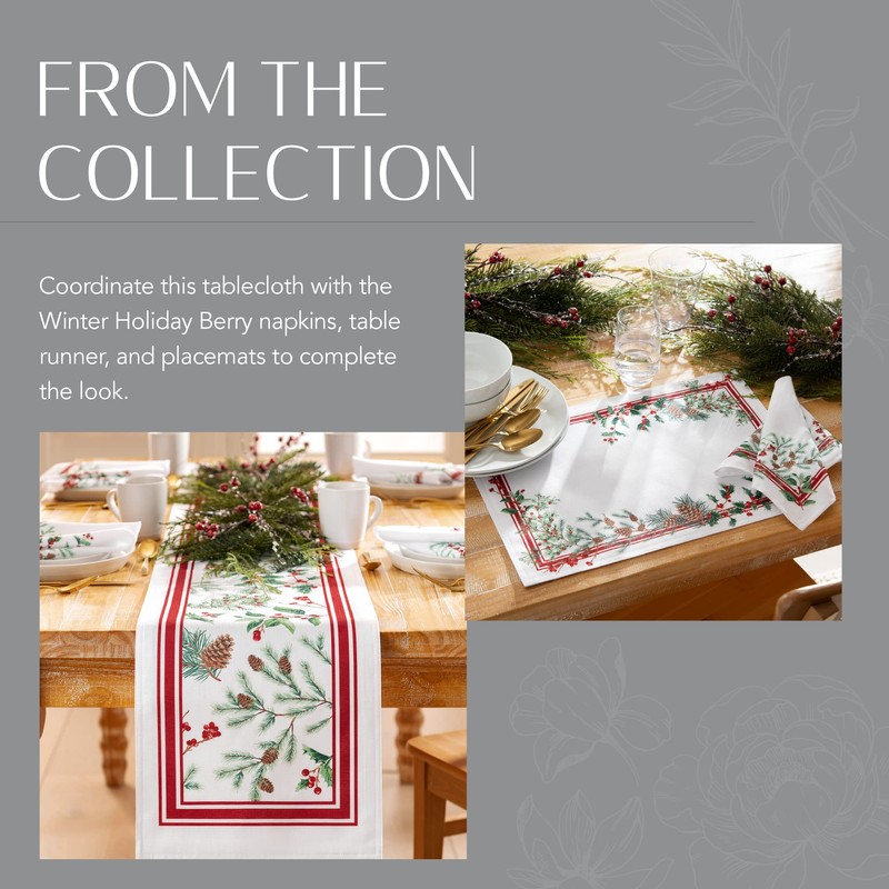 Winter Holiday Berry Christmas Fabric Tablecloth, Multi, 60"x144"