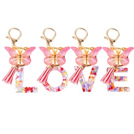 MUNSKT 4 PCS Pink and Gold Resin Alphabet Initial Letter Keychain, Tassel Butterfly Pink Purple Cute Car Keyring for Wallet Purses Backpack, Key Ring with Lobster Clasp