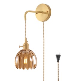 Shenmoyl Vintage Wall Sconce Wall Lamp with Amber Tulip Glass Shade Hanging Wall Sconce with 4.9FT Plug in Cord, Modern Wall Lamp Fixtures Decor for Bedside Bedroom Indoor Doorway