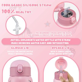 Autsel Kids Water Bottles with Straw 400ml Insulated Stainless Steel Unicorn Water Bottle BPA-Free Reusable Metal Water Bottle with Protective Case for Girls and Boys Keep 6h Hot & 12h Cold