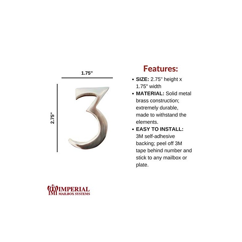 Self-Adhesive 3" inch Imperial Brass Mailbox Number # 3