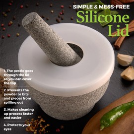 6" Granite Mortar and Pestle - 2-Cup Capacity Unpolished Granite Molcajete w/Silicone Lid - Grinder & Crusher for Mixing, Blending, Grinding, Serving, Spices Herbs, Guacamole, Salsa, Sauces & More
