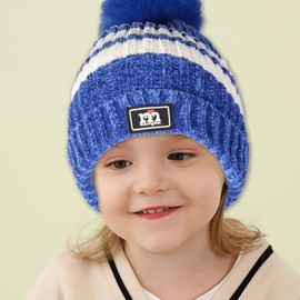 NLAND Kids Winter Warm Beanie Hat Scarf Gloves Set Children Knit Striped Pom Pom Beanie Hat 3Pcs Kids Hat Scarf and Snow Gloves Set for Boys Girls and Toddlers Aged 1-5(Blue,One Size)