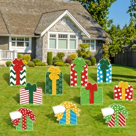 Whaline 10Pcs Christmas Yard Sign with 20Pcs Stakes Gift Box Lawn Signs Waterproof Colorful Present Outdoor Sign for Home Xmas Pathway Walkway Lawn Patio Yard Garden Holiday Party Decoration