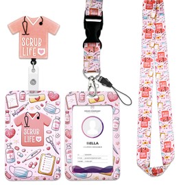 Nurse Badge Holder and Lanyard with Retractable Badge Reel & Breakaway Clasp, Cute Medical ID Badge Holder Assistant Strap for Nurse Doctor Teacher, Nursing Graduation Gift (Pink Shirt)