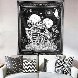 KJHL The Lovers Skull Tapestry Wall Hanging Black Gothic Witchy Tapestry Dark Vertical Skeleton Tapestries Aesthetic for Bedroom Living Room Decor 48ʺ x 36ʺ